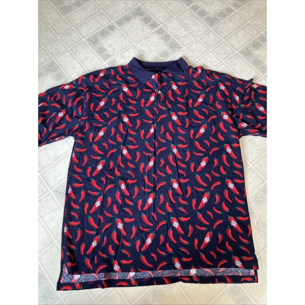 Vintage Tabasco Hot Sauce Pepper Golf Polo Shirt Mens XXL All Over Print Novelty